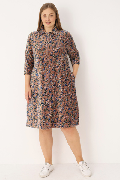 İntensive Kahverengi Çiçek Desenli Pamuklu Kadife Cepli Gömlek Yaka Fermuarlı Büyük Beden Elbise