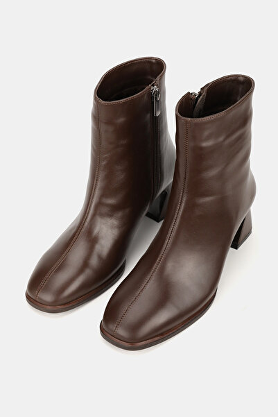 TUNAELLİ Women's Brown Genuine Natural Leather Size 35-41 Thick Heel Square Toe Boots & Booties