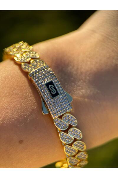 Luseda Zirkon Taşlı Gurmet Kelepçe Çelik VIP Gold Bileklik Çap 6.5CM