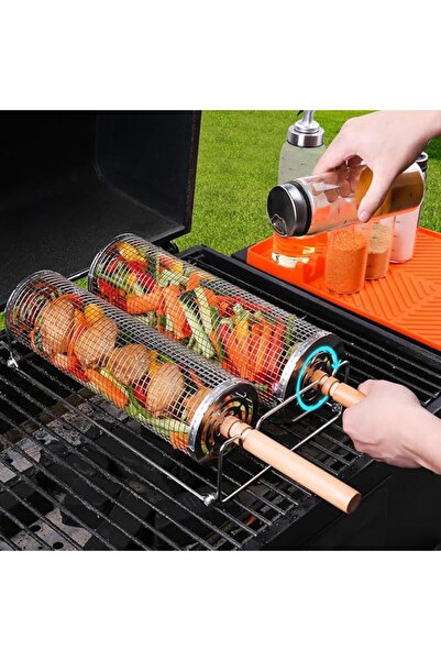COOYA 2PCS Rolling Grill Baskets , Round Barbecue Grill Accessories Portable Barbecue tool for Vegetables