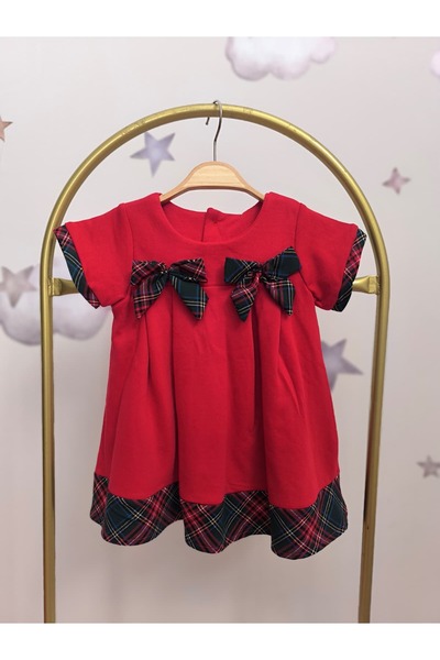 kidsense New Year's Birthday Special Day Red Plaid and Bow Detailed Girl's Dress