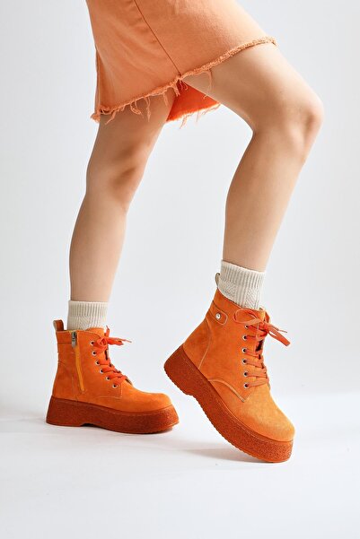 Hayalimdeki Ayakkabı Γυναικείες μπότες με κορδόνια με φερμουάρ στο πλάι Πορτοκαλί θερμοαντιολισθητική σόλα