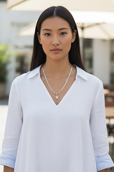 derokas Zircon Stone Silver Color Star Necklace Steel Italian Chain Women Design