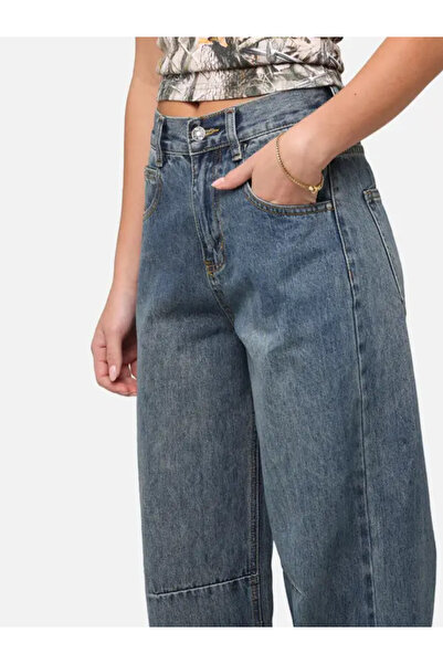 LudoWear Mavi Tokalı Baggy Kadın Jean Kot Pantolon