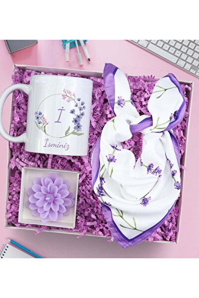 Trendmiya Kupa & Lavanta Desenli Tasarım Fular & Lotus Mum Hediye Seti