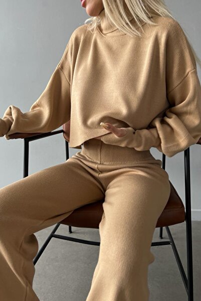 munora butik Finger-Cut High Waist Knitwear Camel Suit Two Piece Sets 015