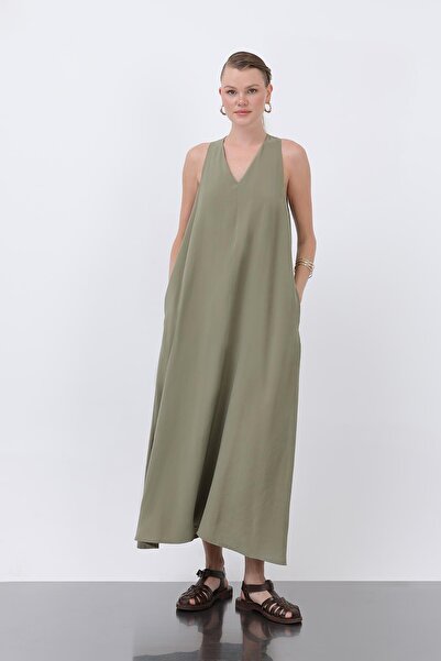 Soul Women's Triangle Neck Strap Midi Dress -32241Elb - Khaki