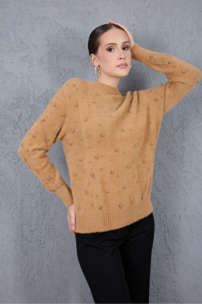 Clothes Fast Women's Beige Beard Yarn Pearl Detailed Crew Neck Knitwear Sweater