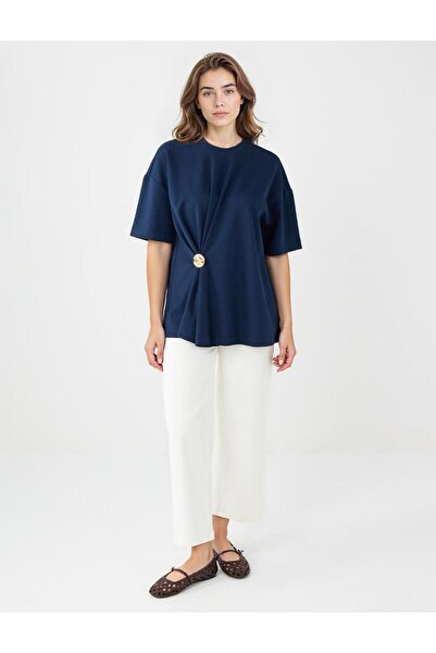 Jimmy Key Πλεκτό μπλουζάκι με κοντό μανίκι λεπτομέρεια με σούρες με λαιμόκοψη σε μπλε ναυτικό