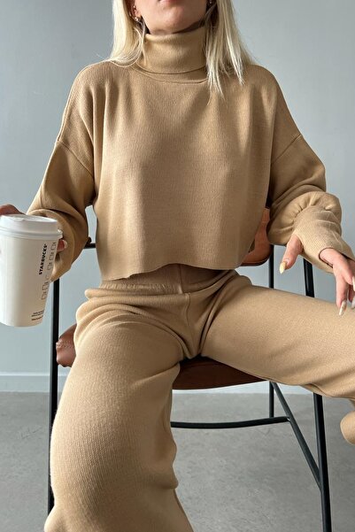 munora butik Finger-Cut High Waist Knitwear Camel Suit Two Piece Sets 015