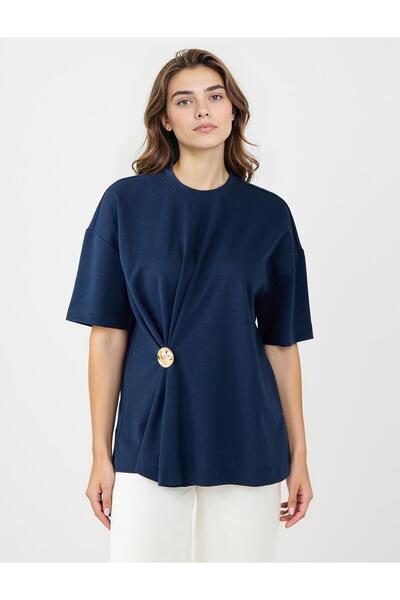 Jimmy Key Πλεκτό μπλουζάκι με κοντό μανίκι λεπτομέρεια με σούρες με λαιμόκοψη σε μπλε ναυτικό