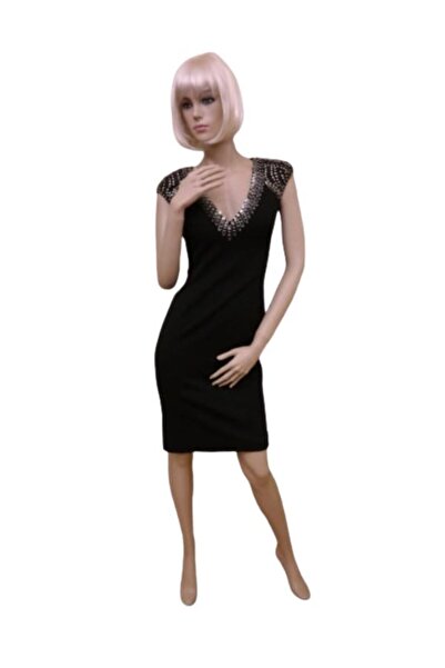 Jovani New York Rochie de ocazie neagra midi mulata din crepe cu tinte la baz...