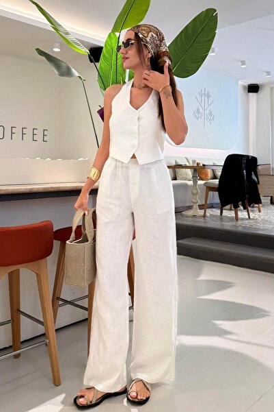 Nazliye Beyaz Bağlama Detay Premium Keten Takım