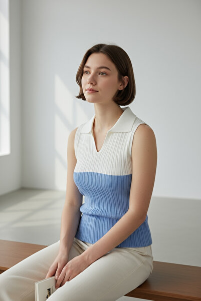 NEWCO Double Color Soft Texture Polo Neck V-Cut Sleeveless Knitwear Blouse