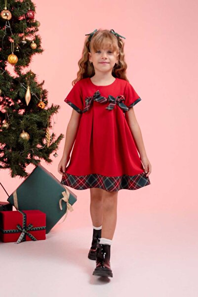 kidsense New Year's Birthday Special Day Red Plaid and Bow Detailed Girl's Dress