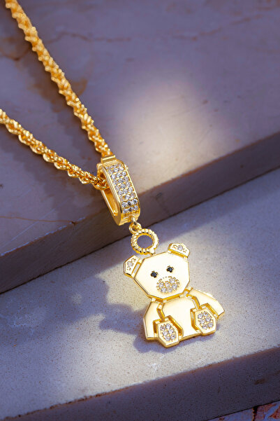 OSMANLI GÜMÜŞ Kadın 18 Ayar Altın Kaplama Ayıcık Figürlü 925 Ayar Gümüş Kolye...