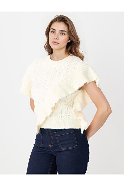 Jimmy Key Ekru Bisiklet Yaka Saç Örgü Desenli Triko Süveter