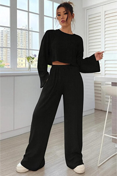 bemmoda Set de pantaloni casual pentru femei croială supradimensionat Crop Swea tricou și pantaloni cu buzunare