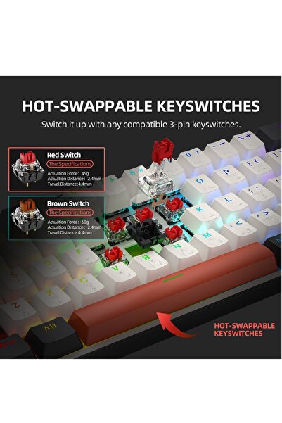 THUNDEROBOT 63 Keys Arabic & English Mechanical Keyboard, Outemu Brown Switch, Hot-swappable - Black/White