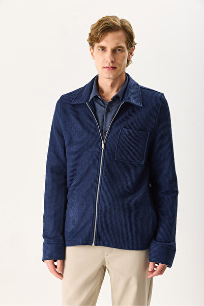 VENA Men's Regular Fit Front Zippered Wool Jacket - Navy Blue
