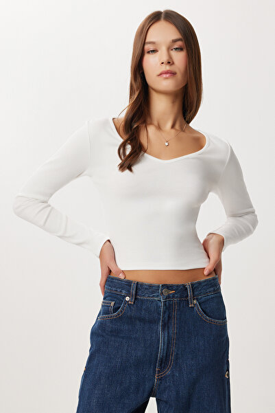 Lovelyİstanbul Uzun Kollu V Yaka Örme Bluz LUB0293 EKRU