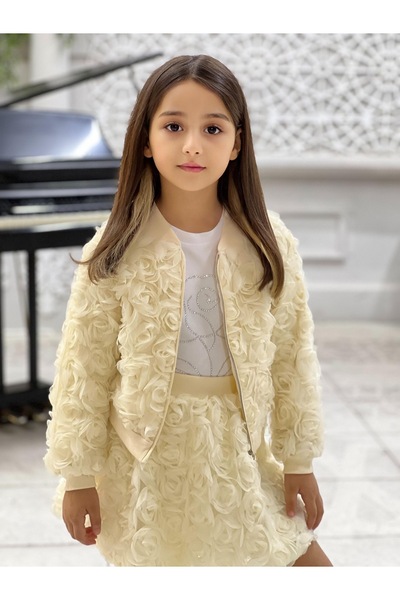 ALPİDS 3-Piece Girls' Set with Imported Rose Fabric Jacket and Balloon Skirt