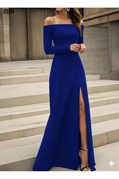 Kokosh moda Kadın Madonna Yaka Omuzu Açık Yırtmaçlı Uzun Şık Krep Davet Abiye Gece Elbisesi