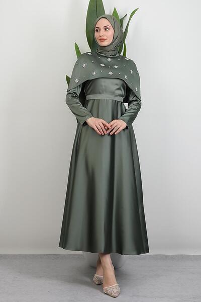 GİYZAMİLA Φόρεμα με πέτρες και κάπα χακί