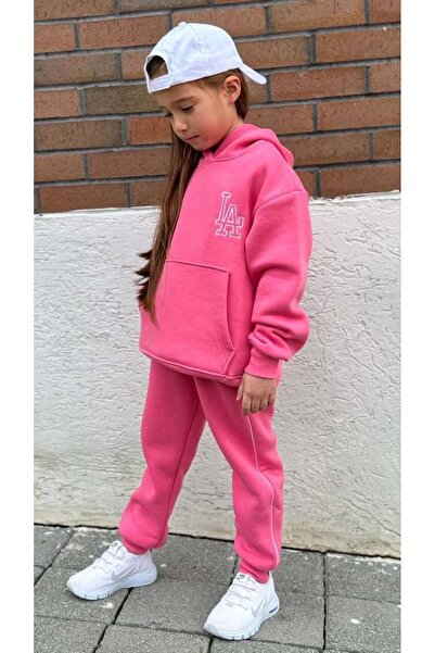 Canlook Embroidery Detailed Oversized Kangaroo Pockets Hooded Fleece-Lined Children's Set