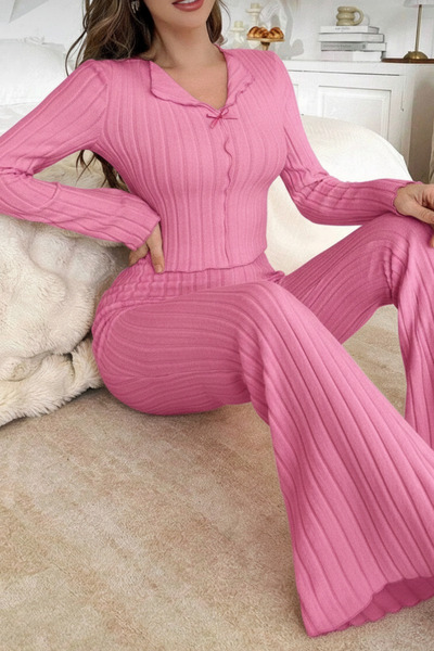 ELİTOL Σετ γυναικεία πιτζάμα με μακρυμάνικο ροζ μαλακό βαμβακερό φιόγκο