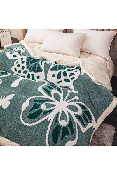 Cocolino 3D Fur Blanket – Soft, Warm and Elegant, Butterfly Print, 200×230 cm-Green