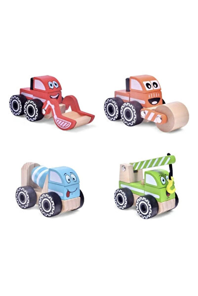 Krista Set de 4 utilaje utilitare - betonieră, compactor, excavator, excavator, macara, din lemn