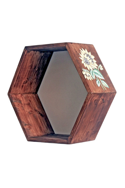 Decoratiuni Vintage Casa Retro Etajera hexagonala, lemn, maro cu floarea soarelui, stil vintage, pictata manual, 40 cm
