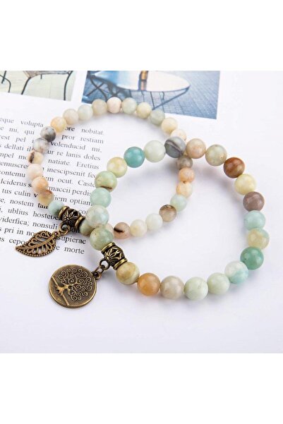 valkyrie Natural Amazonite Stone Bracelet Set Tree of Life & Leaf Charm Handmade Energy Balancing