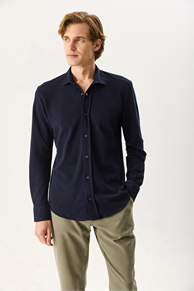 VENA Ανδρικό πλεκτό πουκάμισο Regular Fit 100% βαμβάκι - Μπλε ναυτικό