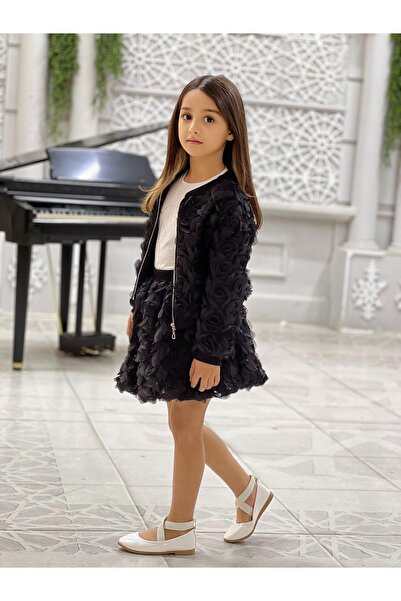 ALPİDS 3-Piece Girls' Set with Imported Rose Fabric Jacket and Balloon Skirt