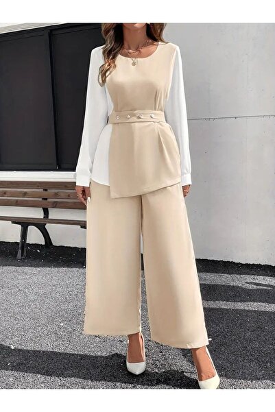 TBL DEKOR Women's Long Sleeve Open Collar Double Color Belted Imported Crepe Two-Piece Suit