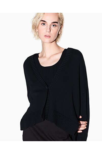 Armani Exchange Women's 100% Cotton Regular Fit V-Neck Ribbed Detail Long Sleeve Black Cardigan Xw001304 Af16552-Uc001