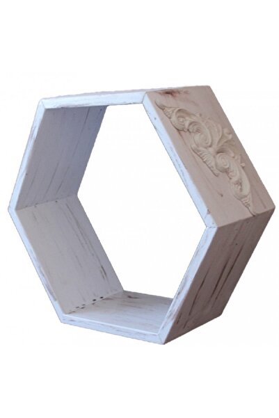 Decoratiuni Vintage Casa Retro Etajera hexagonala, alb vintage cu ornament, stil vintage, pictata manual, 40 cm
