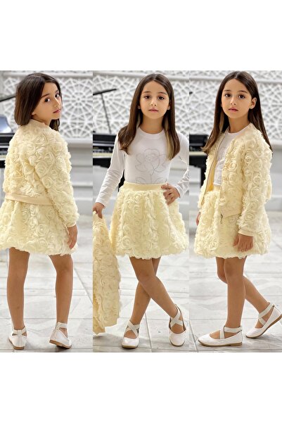 ALPİDS 3-Piece Girls' Set with Imported Rose Fabric Jacket and Balloon Skirt