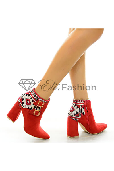 Elis Fashion Women's red ankle boots with traditional motif and 10 cm heel #5292