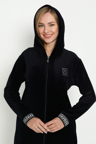 İntensive Black Hooded Stone Detailed Zippered Pocket Cotton Velvet Dress