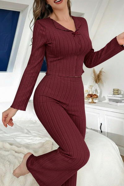 ELİTOL Bordo Yumuşak Pamuklu Fiyonk Detaylı Uzun Kollu Kadın Pijama Takımı