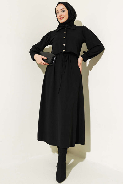 Tesettür Diyarı Set de tricotaje cu jachetă din jerseu cu talie elastică - Negru