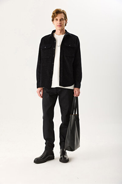 VENA Men's Regular Fit Velvet Outer Shirt 100% Cotton - Black