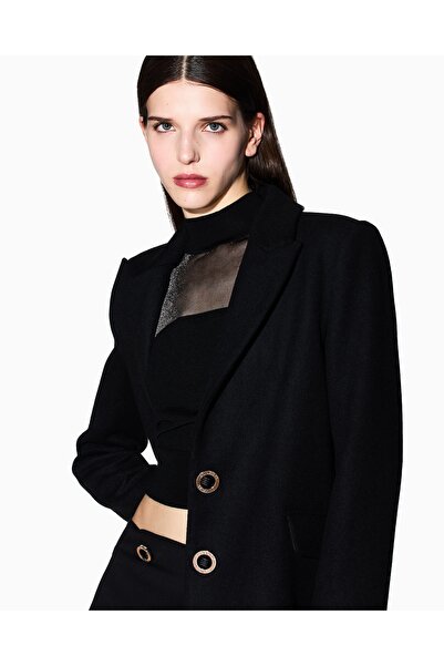 Armani Exchange Women Notched Collar Long Sleeve Button Closure Pocket Detail Black Coat Xw000716 Af16206-Uc001