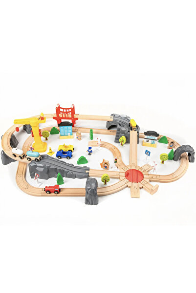 Krista Trenuleț circuit cu șine și peisaj, 80 de piese din lemn, 2 trenuri, lemn