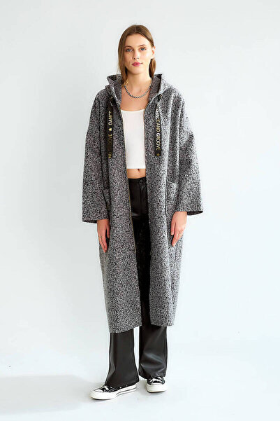 QİMYA BUTİK Robi̇n Women's K Hooded Bag Pocket Unlined Lightweight Boucle Cashmere O Oversized Long Coat