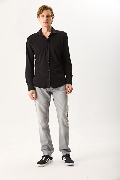 VENA Ανδρικό πλεκτό πουκάμισο Regular Fit 100% βαμβάκι - Μαύρο