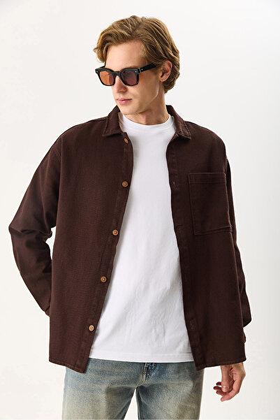 VENA Men's Regular Fit Gabardine Shirt 100% Cotton - Brown